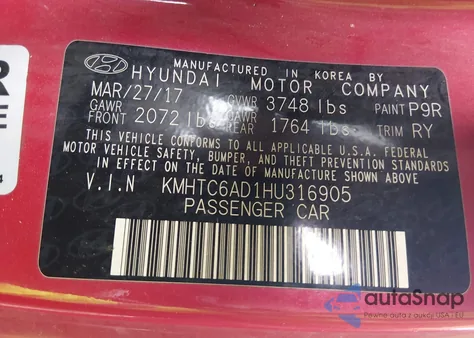 2017 Hyundai Veloster Value Edition из США, поврежденный, VIN KMHTC6AD1HU316905